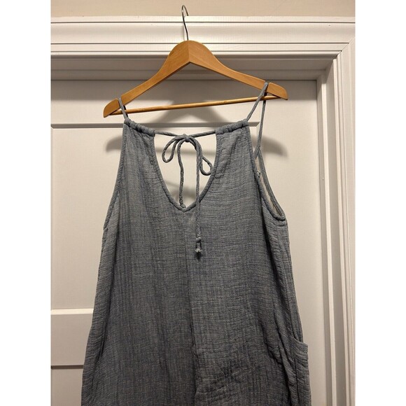 Women's Size Medium Spaghetti Strap Cropped Cotton Wide-Leg Jumpsuit Pockets - Picture 2 of 7